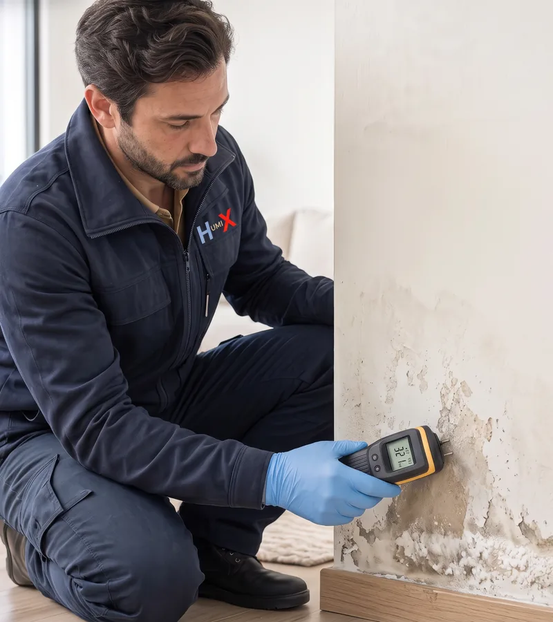 Rising damp and blown plaster at the bottom of a wall in Sheffield